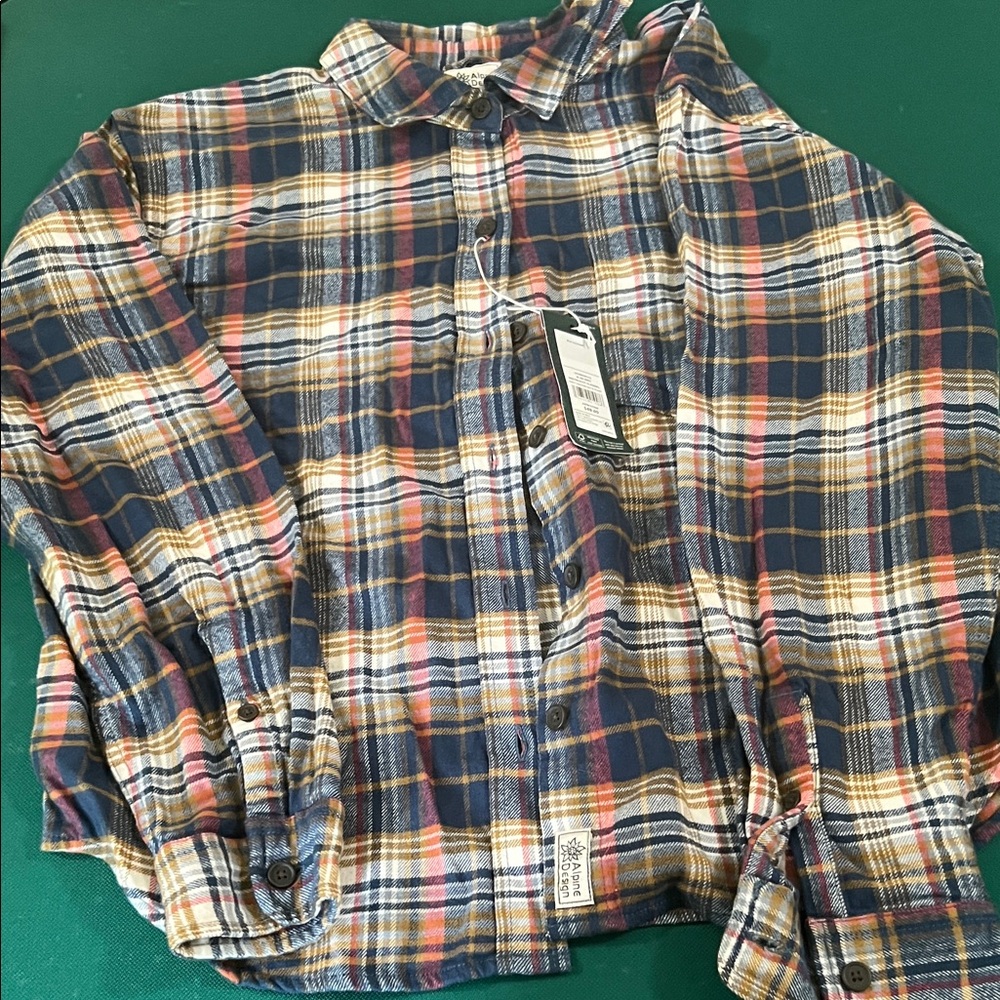 Plaid Button-Front Flannel Shirt - Navy, Mustard & Coral